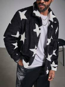 Manfinity Roughcore Men's Plus Size Star Print Button Front Long Sleeve Jacket, Autumn/Winter