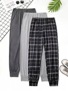3pcs Set Men's Plaid + Solid Color Elastic Waist Lounge Pants