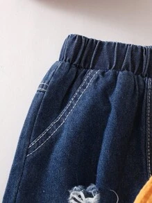 SHEIN 女婴荷叶边领半开衬衫和破洞牛仔裤时尚服装 - 黃色 - 查看 5