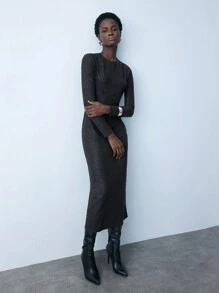Maija 女士纯色针织圆领露背修身长裙，优雅秋季 - 黑色 - 查看 6