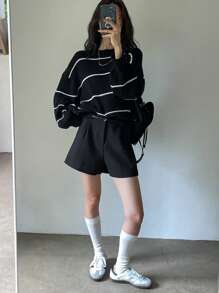 DAZY Women's Casual Loose Fit Striped Crew Neck Dropped Shoulder Long Sleeve Sweater, Fall/Winter - Black and White - View 8