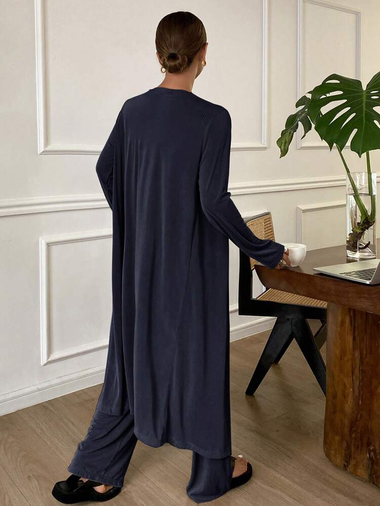 3pcs Minimalist Camisole Top & Robe & Pants Loungewear Set, Fall Winter Clothes, Cozy Outfit