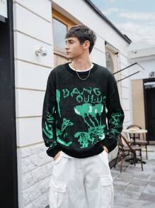 Manfinity Roghcode Maglione casual a maniche lunghe con scollo a lupetto e motivo a lettera, in maglia per uomo - nero - Visualizzare 1