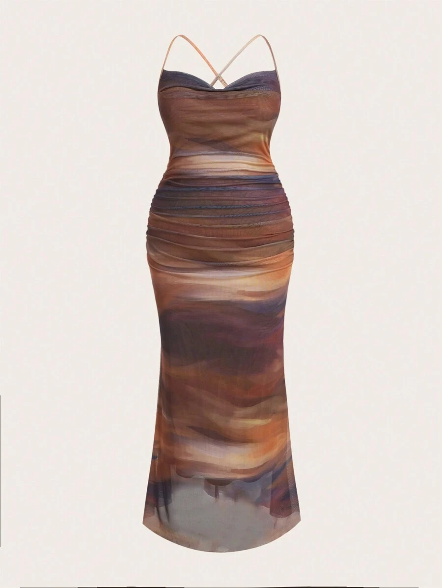 Flirla Váy đuôi cá in họa tiết tie-dye xếp nếp phía trước bằng lưới cỡ lớn - Nhiều màu - Xem 1