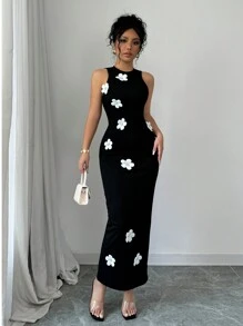 Rafferiza Women's 3D Floral Decor Round Neck Sleeveless Casual Dress Maxi Women Outfit