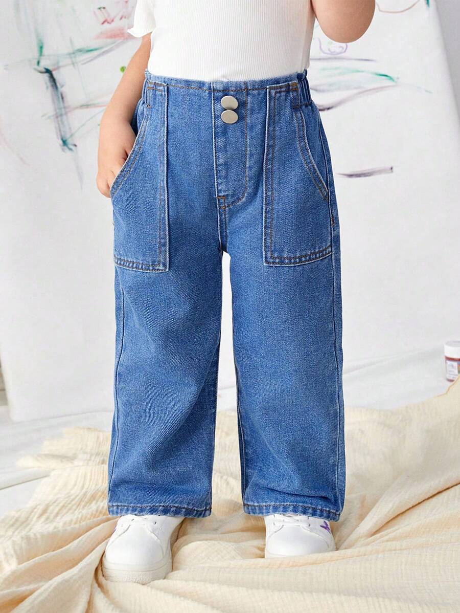 SHEIN Playful Pals 寶貝女孩中藍色高腰寬腿牛仔褲，柔軟、舒適且具彈性，有彈性的腰帶 - 中等水洗藍 - 查看 1