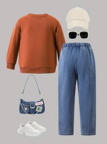 Young Girls Autumn/Winter Floral Graphic Printed Brown Sweatshirt & Comfortable Jeans Outfit, Career Day Back-To-School 1pc Casual Fashion Sports Top - Coffee Brown - View 2
