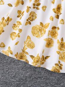 SHEIN Conjunto de 2 piezas para niña: vestido con estampado floral azul y blanco y falda con cardigan acanalado con volantes. Vestido amarillo para niñas, ideal para vacaciones, verano y viajes. - Amarillo - Ver 4