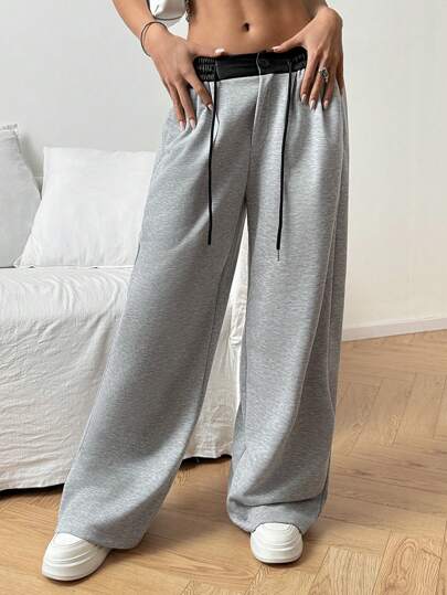 SHEIN EZwear 女款 PU 拼接抽绳腰阔腿休闲运动裤