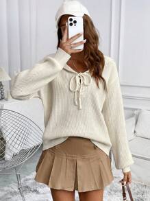 Chiquease Suéter minimalista de manga larga con nudo delantero de unicolor, suéter de punto para otoño e invierno - Beis - Ver 1