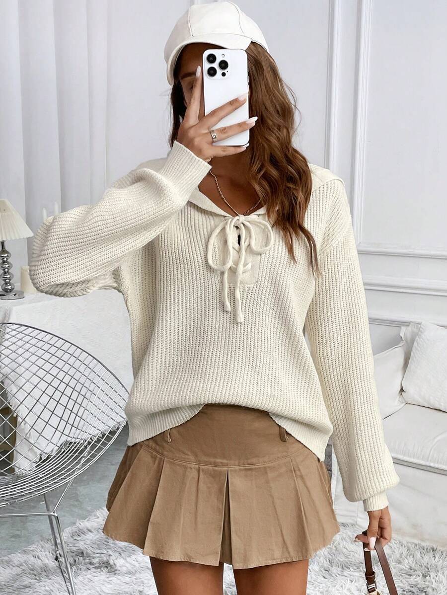 Chiquease Suéter minimalista de manga larga con nudo delantero de unicolor, suéter de punto para otoño e invierno - Beis - Ver 1