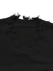ii Plus Size Casual Solid Color Long Sleeve Fringe Trim Simple Pullover Sweater For Women, For Winter - Black - View 4