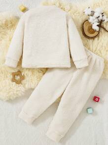 2pcs/Set Young Boys Embroidered Letter Graphic White Double-Sided Fleece Crew Neck Long Sleeve Shirt And Pants Warm Outfit, Suitable For Family Party In Autumn/Winter