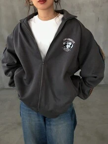 FRIFUL 女式撞色条纹超大开襟加厚运动衫、长袖上衣夹克秋冬拉链 - 灰色 - 查看 5