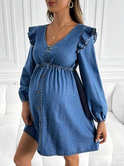 SHEIN Plus Size Fall Autumn Winter Halloween Christmas Maternity V-Neck Single-Breasted Ruffle Patchwork Lantern Sleeve Casual Blue Dress Women's Maternity Denim Dress With Ruffle Sleeves And Button Front For Casual Comfort Stylish Maternity Denim Dress With Lightweight Fabric And Feminine Ruffle Sleeve Design