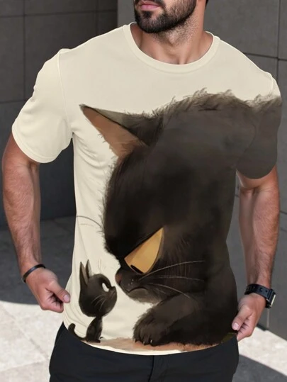 Manfinity Homme 男士休闲趣味卡通猫咪印花短袖T恤夏季外出送朋友