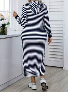 Calvaya Plus Size Women Striped Long Sleeve Hooded Drawstring Casual Sweatshirt Dress For Spring & Autumn Pullover Fall Outfit Winter - Blue - View 2