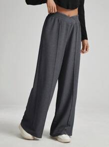 SHEIN Essnce 女士纯色不对称腰带阔腿宽松休闲裤 - 灰色 - 查看 4