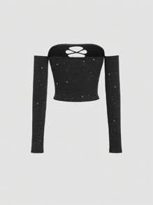 SHEIN Unity 闪亮露肩长袖镂空烂花性感上衣 - 黑色 - 查看 2
