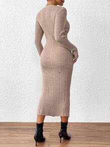 SHEIN Clasi Women's Slim Fit Ribbed Hole Long Sweater Dressbusiness Casual Woman,Work Wear,Fall Wedding Guest Dress, - Khaki - View 2