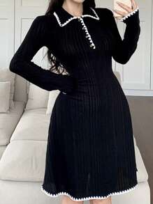 Feyla Women's Contrast Color Patchwork Front Button Long Sleeve Minimalist Short Dress - Black - View 5