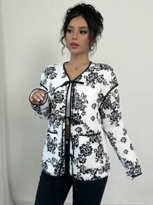 Chiquease Women's Floral Print Front Tie Dropped Shoulder Long Sleeve Casual Padded Padded Coat, Autumn/Winter Clothes