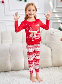 SHEIN 2pcs Young Girl Snug Fit Christmas Cute Elk Print Crew Neck Long Sleeve Pants Casual Comfortable Pajama Set (2pcs Set Sold Separately For Mommy And Me Matching Outfits) - Red - View 5