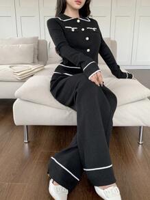 Feyla Conjunto de 2 piezas de top de manga larga con botones y bolsillos y pantalones de contraste de color para mujer, para otoño/invierno - Blanco y Negro - Ver 6