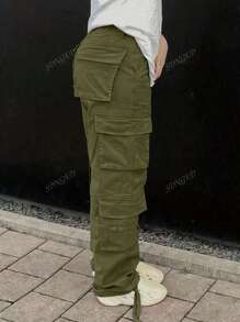 Plus Size Solid Color Button Casual Multi-Pocket Cargo Pants