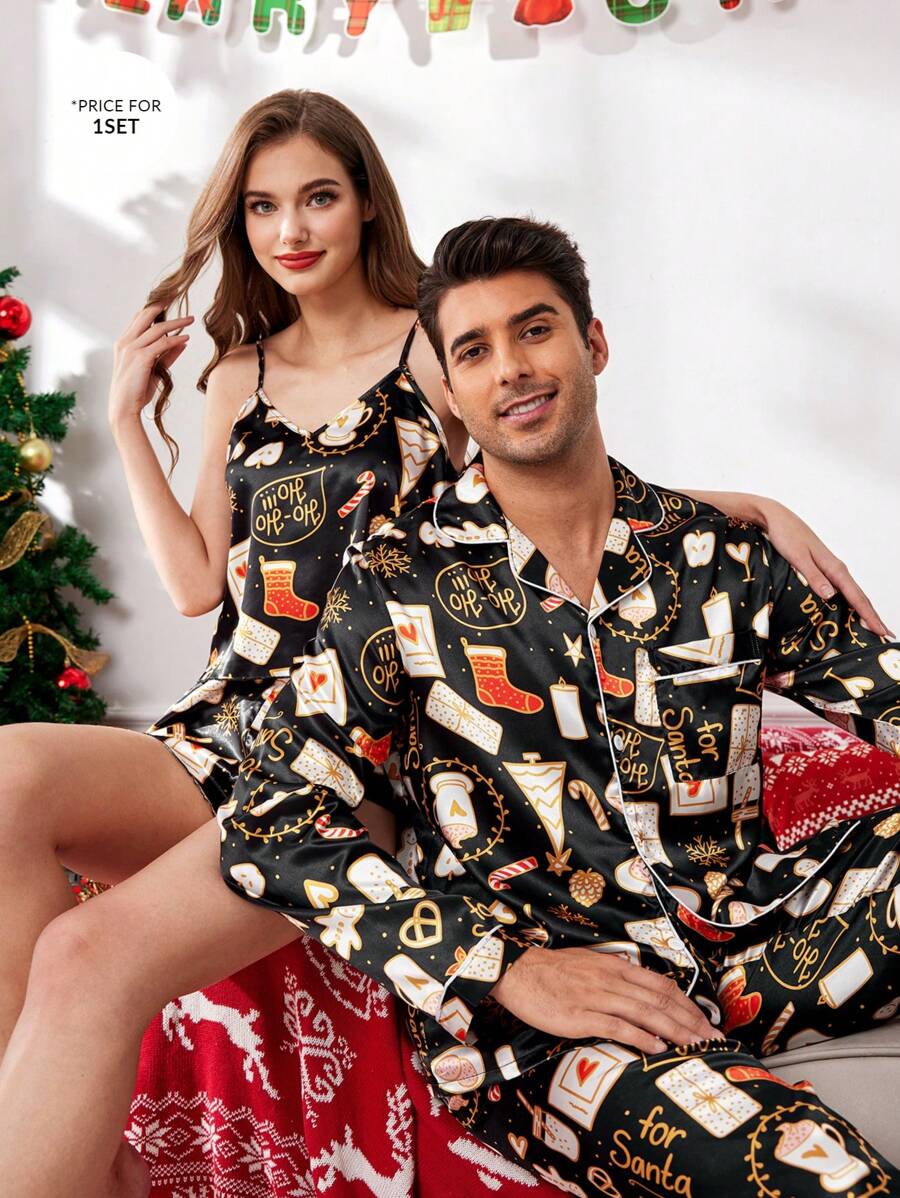 CoupledUp Regalos de Navidad para la pareja, conjunto de pijama de satén estampado para hombres - Negro - Ver 1