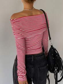 DAZY Christmas Women's Striped Off Shoulder Slim Fit T-Shirt