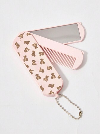 Kawaii 1 pièce Miroir compact pliable tout-en-un imprimé d'ours avec peignes, emplacement d'impression aléatoire, pour la maison et le bureau
