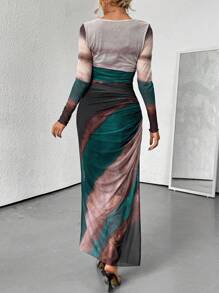 Rafferiza Women's Spring Autumn Tie-Dye Print Crew Neck Long Sleeve Pleated Bodycon Elegant Dress Maxi Women Outfit Fall Cloth For Women - Mint Green - View 2