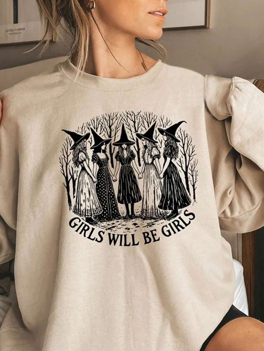 INAWLY Girls Will Be Girls 女性赋权运动衫、女巫图案 T 恤、女巫连帽衫、女巫衬衫、送给朋友的万圣节礼物 - HC101 - 杏色 - 查看 1