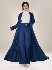 Al Najma 2 件套女士优雅宽松花卉贴花装饰长袖夹克和裤子套装，春秋 2 件套 - 寶藍色 - 查看 1