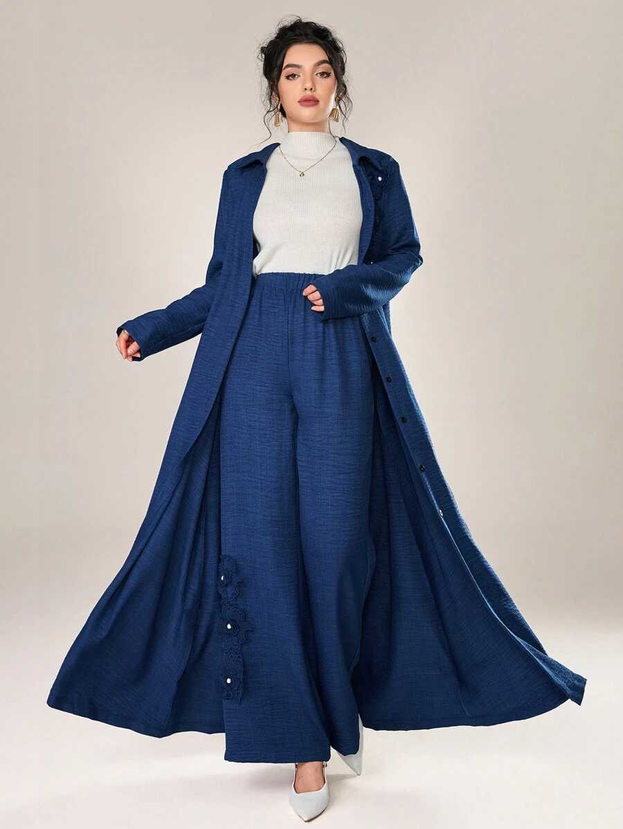 Al Najma 2 件套女士优雅宽松花卉贴花装饰长袖夹克和裤子套装，春秋 2 件套 - 寶藍色 - 查看 1