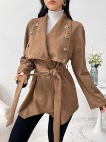Modelyn Chaqueta elegante de manga larga con solapa decorada con botón de metal de unicolor, regular, para otoño/invierno - Caqui - Ver 2