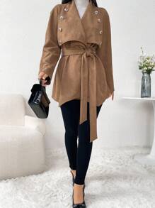 Modelyn Chaqueta elegante de manga larga con solapa decorada con botón de metal de unicolor, regular, para otoño/invierno - Caqui - Ver 6
