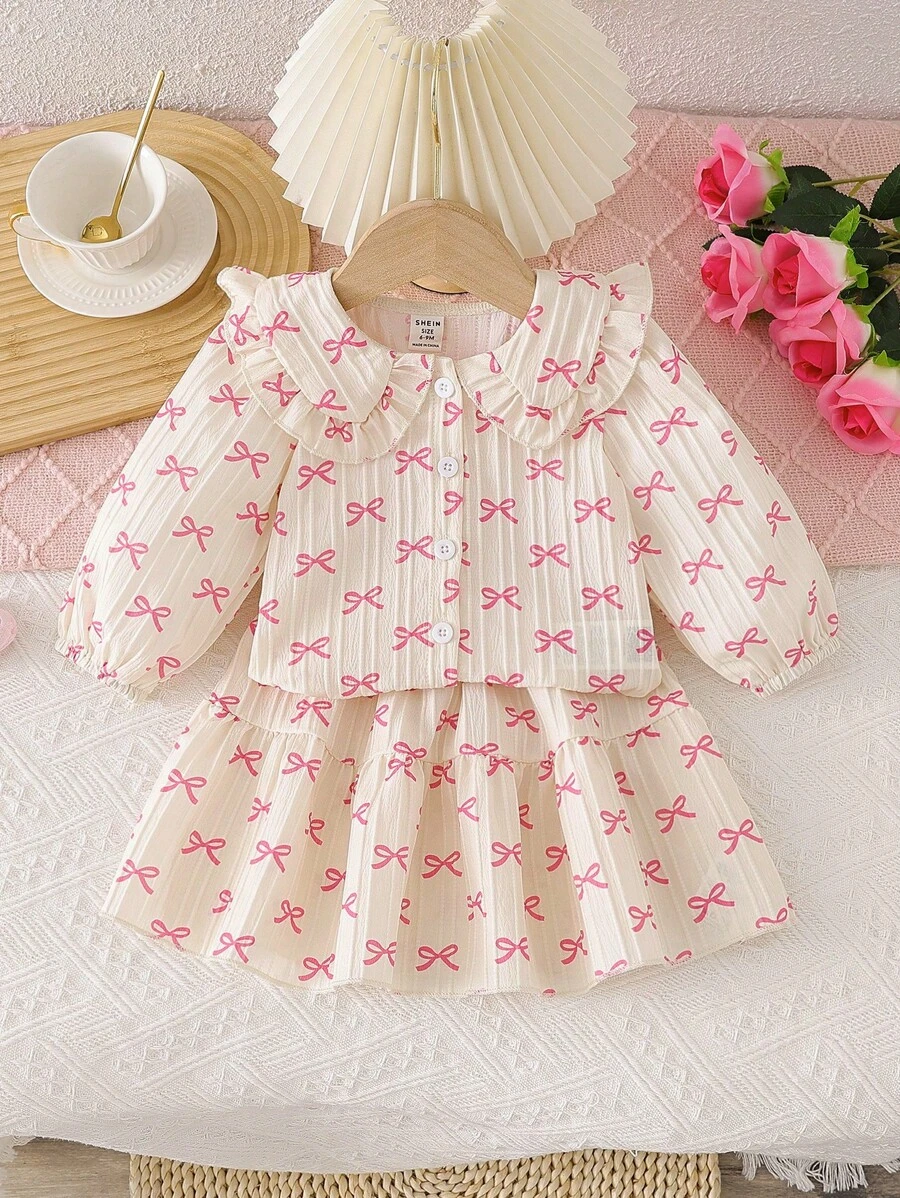 SHEIN 女宝宝蝴蝶结全印花衬衫 + 裙子 2 件套，韩式日常秋季新品 - 杏色 - 查看 1