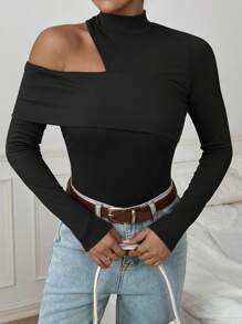 Chiquease Áo thun nữ tay dài cổ cao có gân màu trơn - màu đen - Xem 5