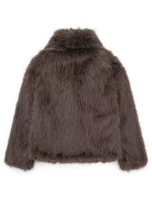 TRAFZA Women's Faux Fur Elegant Jacket, Casual Luxury Solid Color Coat, Warm Loose Fit Women's Fashion Street Style Long Sleeve Jacket - Mocha Brown - View 3