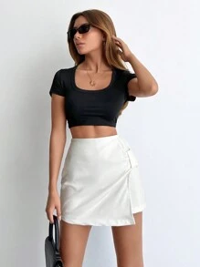 SHEIN PETITE Petite Size High Waist Wrap Hem Skort With Elastic Belt - White - View 4