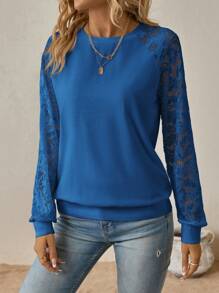 SHEIN Clasi Sudadera de cuello redondo con parches de encaje de unicolor de manga larga para otoño/invierno - azul real - Ver 6