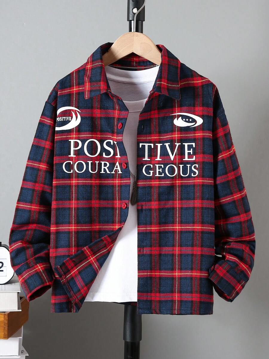 SHEIN Áo sơ mi dài tay in chữ thường ngày cho bé trai tuổi mới lớn, mùa xuân và mùa thu - Đỏ - Xem 1