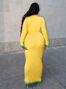 Slaydiva Bộ đồ hai mảnh áo len dệt kim màu hồng hồng, cổ chữ V tay dài hở cổ tay loe nhẹ, dáng ôm vừa vặn, viền xanh lá cây, dành cho nữ - A - Màu vàng - Xem 2