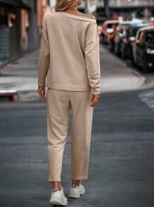 SHEIN LUNE Asymmetrical Neck Button Detail Drop Shoulder Top & Slant Pocket Ruched Pants - Khaki - View 2