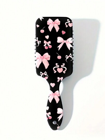 Kawaii مشط فك التشابك مع حشوة للسيدات، فرشاة شعر بطباعة فيونكة سوداء، مشط تدليك طويل الشعر منع الكهرباء الساكنة