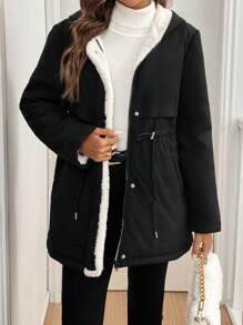 SHEIN Frenchy Women's Solid Color Long Sleeve Drawstring Waist Thermal Lined Hooded Casual Warm Padded Coat, Drawstring Waist Teddy Lined Hooded Clashing Reversible Coat, Winter Women's Black Coat, Zip Up Flannels Warm Women Coat, Winter Coat, Winter Outfits, Winter Women Clothes, Winter Jacket, Parka Coat