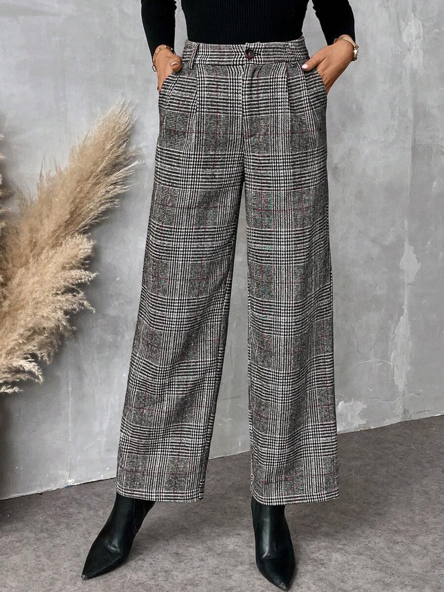 SHEIN Essnce 女式拉链直筒裤前扣口袋格子工作裤，休闲装秋冬秋冬冬季，秋季女装，秋季服装，秋季女装，冬季服装，温暖易搭配，适合日常街头、通勤、家居穿着，时尚百搭