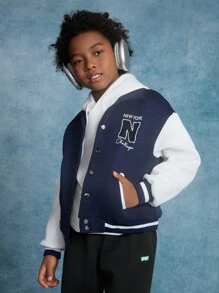 SHEIN Chaqueta de manga larga informal con patrón deportivo de letras y color de contraste para niños preadolescentes - azul real - Ver 6